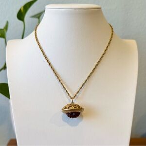 Vintage Brown Scarab Fob Pendant Goldtone Necklace Egyptian Revival Etruscan
